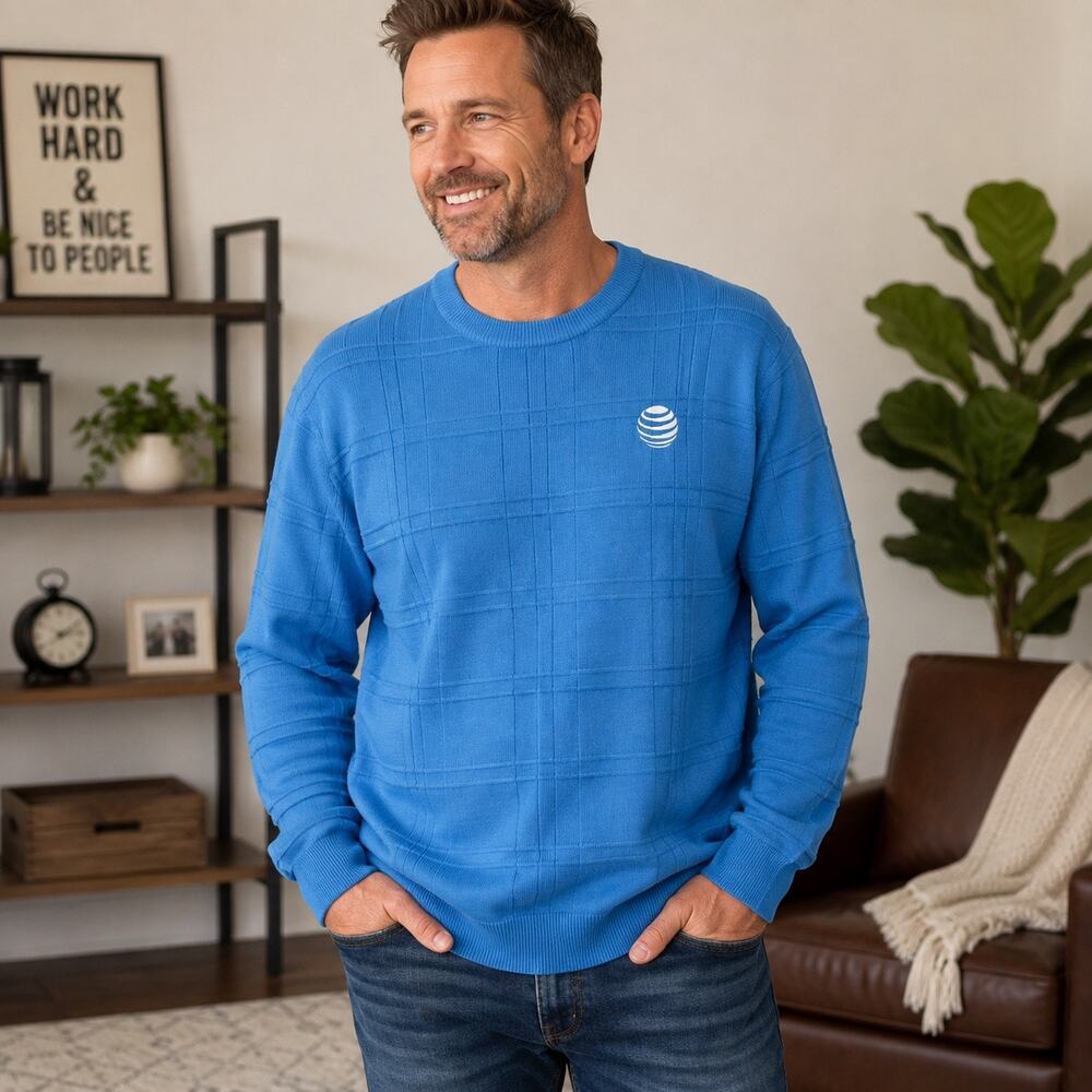 AT&T Employee Sweater Mens 2XL Blue Logo Textured Plaid Crewneck Corporate 2XL